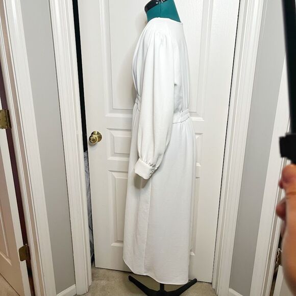 Zara Midi V Neck Button Down Front Smocked Polyester Textured Long Sleeve Dress - Picture 3 of 15